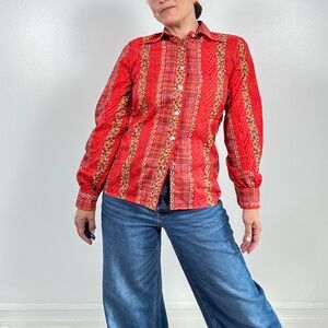 Vintage CHAGALL Red Floral Hippie Long Sleeve Shirt - Size M